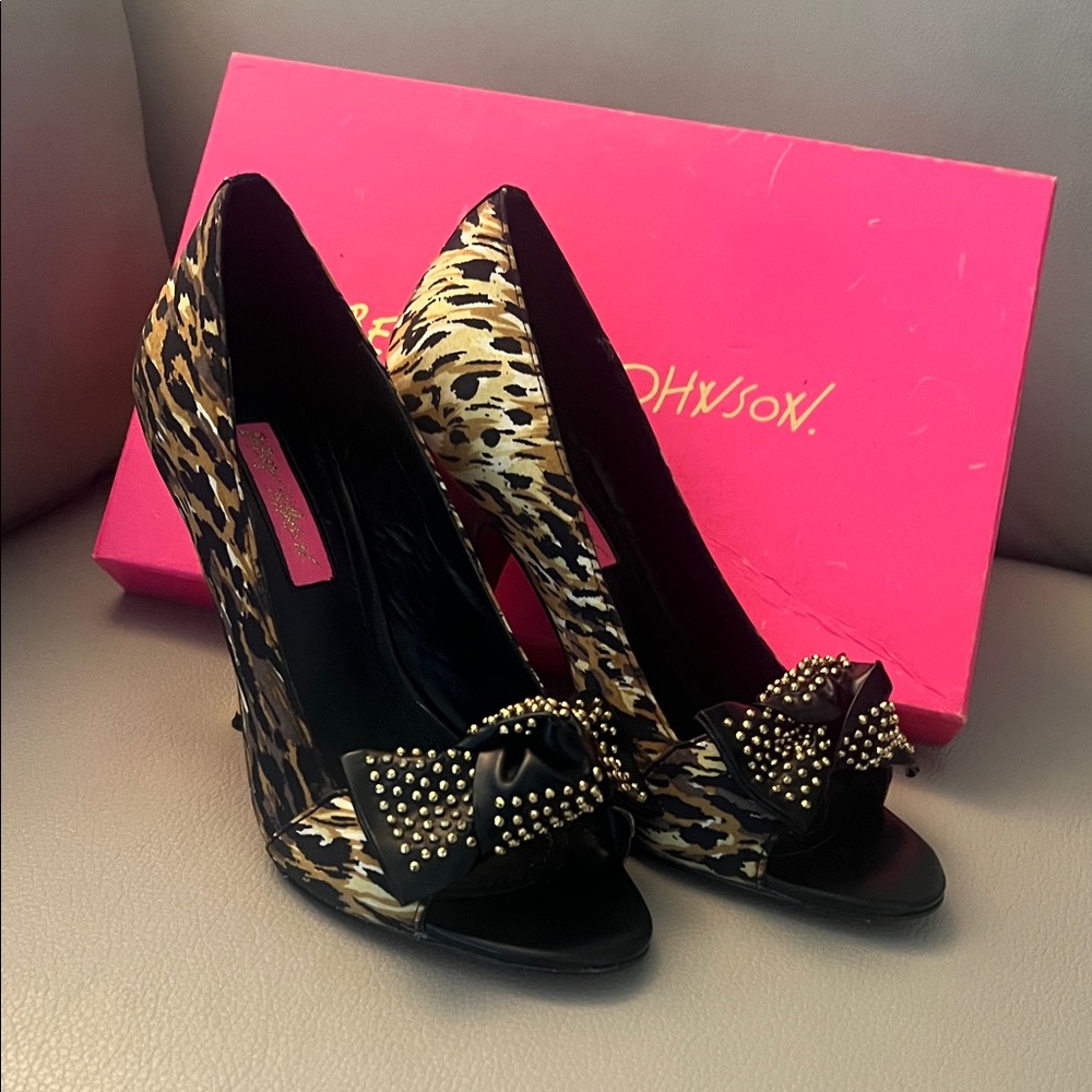 Betsey Johnson Leopard Print Heels with Studded Bow